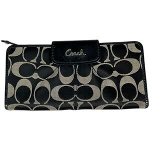 Y2K Coach Signature Accordion Wallet Black Tan Vintage Leather Trim designer